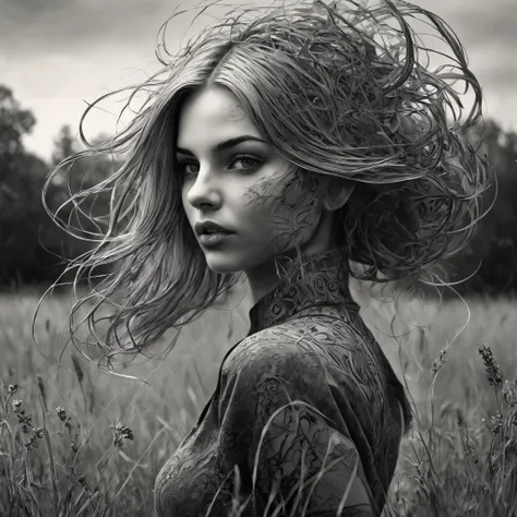 Typographic art vivid, abstract, surreal, shadows, 20 years old Maltese young woman, otherworldly background, eldritch, meadow, uncontested beauty, Viper, dangerous, (Legendary Gray outline), . Stylized, intricate, detailed, artistic, text-based illustration, concept art, trending on cgsociety, trending on artstation