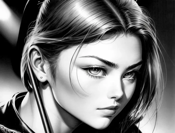 dramatic contrast between light and shadow, clean lineart, hatching, photoshoot of a beautiful woman, megan aniston, inking, comic panel