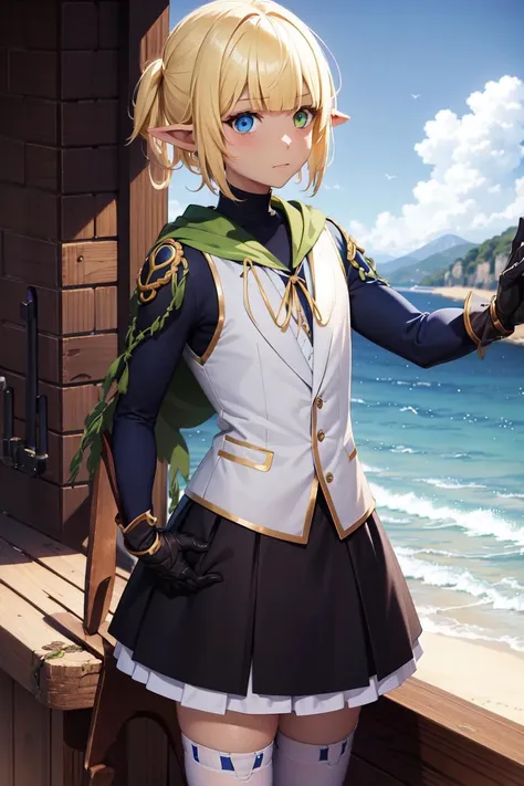 highres, sharp focus, pixiv masterpiece, ((intricate details)), highly detailed, 1boy, mare_overlord,, otoko no ko, pointy ears, heterochromia, blond hair, blue eyes, green eyes, dark skin, skirt, zettai ryouiki, crossdressing, <lora:Mare_Overlord:0.8>