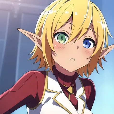 (masterpiece), (best quality), solo
detailed eyes,facing viewer,blush,
1girl,
heterochromia,
green and blue eye,suit,red suit,
aura bella fiora, dark elf,
<lora:auraAndMareBellaFiora_v10:0.7>