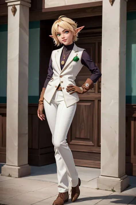 Hyperrealistic, Masterpiece, Volumetric Lighting, Subsurface Scattering, Photorealistic, best quality, intricate details, tonemapping, sharp focus, hyper detailed, absurdres, highres, anime style, extremely fine full body professional photograph of aura_overlord, <lora:Aura_Overlord_1_0:0.8>, pointy ears,  solo, blonde hair, gloves, smile, (heterochromia, right eye green, left eye blue):1.5, ahoge, looking at viewer, 1girl, short hair, red long sleeve shirt, white vest, gold trim, long sleeves, brown gloves, white pants elf, dark skin, full body, female, (best quality, masterpiece:1.2) BREAK, indoors, mausoleum, BREAK, (masterpiece:1.2), best quality, high resolution, unity 8k wallpaper, (illustration:0.8),  extremely detailed face, perfect lighting, extremely detailed CG, (perfect hands, perfect anatomy),