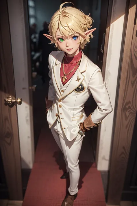 Hyperrealistic, Masterpiece, Volumetric Lighting, Subsurface Scattering, Photorealistic, best quality, intricate details, tonemapping, sharp focus, hyper detailed, absurdres, highres, extremely fine full body professional photograph of aura_overlord, <lora:Aura_Overlord_1_0:0.8>, pointy ears, solo, blonde hair, gloves, smile, (heterochromia, right eye green, left eye blue):1.5, ahoge, looking at viewer, 1girl, short hair, red long sleeve shirt, white vest, gold trim, long sleeves, brown gloves, white pants elf, dark skin, full body, female, (best quality, masterpiece:1.2) BREAK, indoors, mausoleum, BREAK, (masterpiece:1.2), best quality, high resolution, unity 8k wallpaper, (illustration:0.8),  extremely detailed face, perfect lighting, extremely detailed CG, (perfect hands, perfect anatomy),