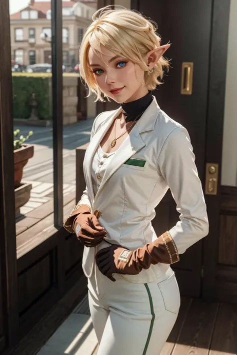 Hyperrealistic, Masterpiece, Volumetric Lighting, Subsurface Scattering, Photorealistic, best quality, intricate details, tonemapping, sharp focus, hyper detailed, absurdres, highres, anime style, extremely fine full body professional photograph of aura_overlord, <lora:Aura_Overlord_1_0:0.8>, pointy ears, solo, blonde hair, gloves, smile, (heterochromia, right eye green, left eye blue):1.5, ahoge, looking at viewer, 1girl, short hair, red long sleeve shirt, white vest, gold trim, long sleeves, brown gloves, white pants elf, dark skin, full body, female, (best quality, masterpiece:1.2) BREAK, indoors, mausoleum, BREAK, (masterpiece:1.2), best quality, high resolution, unity 8k wallpaper, (illustration:0.8), extremely detailed face, perfect lighting, extremely detailed CG, (perfect hands, perfect anatomy),