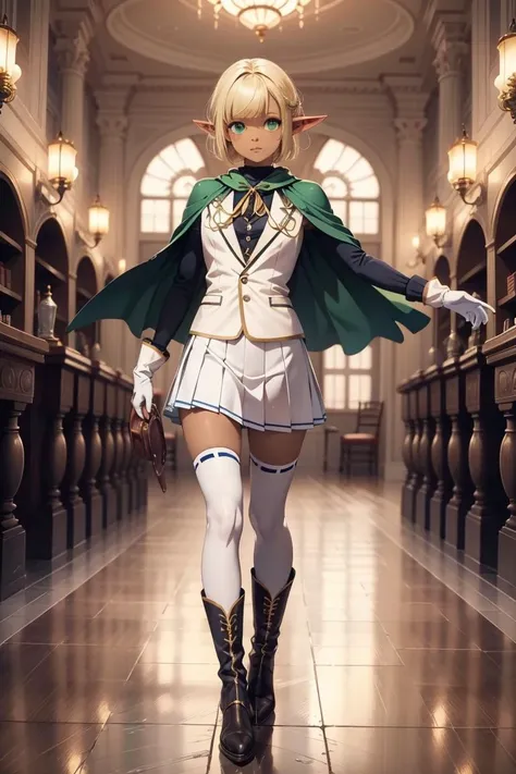 Hyperrealistic, Masterpiece, Volumetric Lighting, Subsurface Scattering, Photorealistic, best quality, intricate details, tonemapping, sharp focus, hyper detailed, absurdres, highres, anime style, extremely fine full body professional photograph of mare_overlord, 1boy, blonde hair, (heterochromia, right eye blue, left eye green), boots, dark-skinned male, dark elf, dark skin, elf, full body, blue long sleeve shirt, green capelet, white vest, white gloves, gold trim, long hair, pleated skirt, pointy ears, simple background, white skirt, solo, standing, thighhighs, white gloves, white legwear, zettai ryouiki, crosssdressing, (best quality, masterpiece:1.2) BREAK, indoors, mausoleum, BREAK, (masterpiece:1.2), best quality, high resolution, unity 8k wallpaper, (illustration:0.8), extremely detailed face, perfect lighting, extremely detailed CG, (perfect hands, perfect anatomy), <lora:Mare_Overlord:0.8>