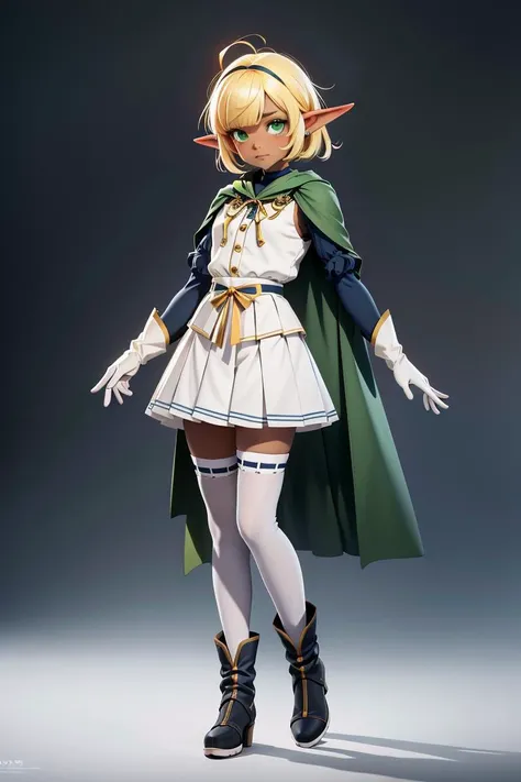 Hyperrealistic, Masterpiece, Volumetric Lighting, Subsurface Scattering, Photorealistic, best quality, intricate details, tonemapping, sharp focus, hyper detailed, absurdres, highres, anime style, extremely fine full body professional photograph of mare_overlord, 1boy, blonde hair, (heterochromia, right eye blue, left eye green), boots, dark-skinned male, dark elf, dark skin, elf, full body, blue long sleeve shirt, green capelet, white vest, white gloves, gold trim, long hair, pleated skirt, pointy ears, simple background, white skirt, solo, standing, thighhighs, white gloves, white legwear, zettai ryouiki, crosssdressing, (best quality, masterpiece:1.2) BREAK, indoors, mausoleum, BREAK, (masterpiece:1.2), best quality, high resolution, unity 8k wallpaper, (illustration:0.8),  extremely detailed face, perfect lighting, extremely detailed CG, (perfect hands, perfect anatomy), <lora:Mare_Overlord:0.8>