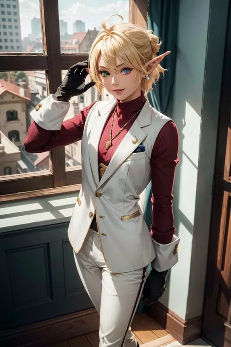 Hyperrealistic, Masterpiece, Volumetric Lighting, Subsurface Scattering, Photorealistic, best quality, intricate details, tonemapping, sharp focus, hyper detailed, absurdres, highres, anime style, extremely fine full body professional photograph of aura_overlord, <lora:Aura_Overlord_1_0:0.8>, pointy ears,  solo, blonde hair, gloves, smile, (heterochromia, right eye green, left eye blue):1.5, ahoge, looking at viewer, 1girl, short hair, red long sleeve shirt, white vest, gold trim, long sleeves, brown gloves, white pants elf, dark skin, full body, female, (best quality, masterpiece:1.2) BREAK, indoors, mausoleum, BREAK, (masterpiece:1.2), best quality, high resolution, unity 8k wallpaper, (illustration:0.8),  extremely detailed face, perfect lighting, extremely detailed CG, (perfect hands, perfect anatomy),