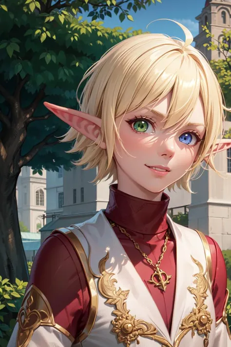 highres, sharp focus, pixiv masterpiece, ((intricate details)), highly detailed, pointy ears, heterochromia, solo, blonde hair, gloves, smile, green eyes, blue eyes, ahoge, looking at viewer, 1girl,  short hair, red shirt, vest, long sleeves, brown gloves, elf, dark skin, full body,  <lora:Aura_Overlord_1_0:0.8>, female,