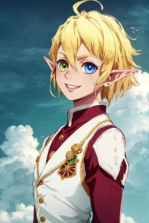 highres, sharp focus, pixiv masterpiece, ((intricate details)), highly detailed, pointy ears, heterochromia, solo, blonde hair, gloves, smile, green eyes, blue eyes, ahoge, looking at viewer, 1girl, short hair, red shirt, vest, long sleeves, brown gloves, elf, dark skin, full body, <lora:Aura_Overlord_1_0:0.8>, female, <lora:kimetsu_no_yaiba_style_offset:0.8>, kimetsu no yaiba style