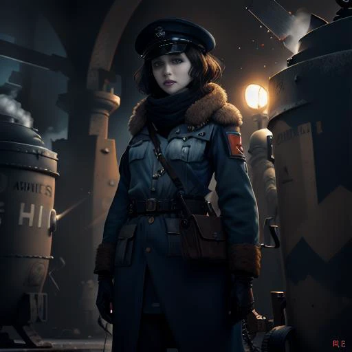 25yo woman, wwii german officer clothing, full body, looking at viewer, realistic, masterpiece, highest quality, backlighting, (lens flare:1.1), art by (WAS-Dieselpunk), trending on artstation
