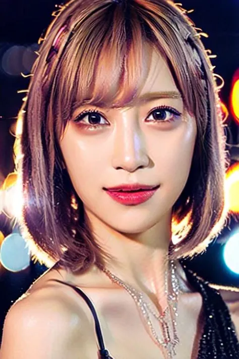 reona,(wearing a glittery dress),(RAW photo, best quality), (realistic, photo-realistic:1.4), masterpiece, an extremely delicate and beautiful, extremely detailed, 2k wallpaper, Amazing, finely detail, extremely detailed CG unity 8k wallpaper, ultra-detailed, highres, soft light, beautiful detailed girl, extremely detailed eyes and face, beautiful detailed nose, beautiful detailed eyes,cinematic lighting,city lights at night,perfect anatomy,slender body,close up,short hair,smiling<lora:reona_lora:1> <lora:koreanDollLikeness:0.4>