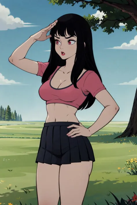 8k, best quality, masterpiece:1.2,inusen, flat color, finely detailed, detailed illustration,intricate,sky, grass, tree,brown ground,solo,1girl,pink t-shirt, crop top, black pleated skirt,pink eyes,black hair,(blunt bangs),standing, surprised,looking afar, medium breasts,long hair,cleavage,salute,(hand on forehead:1.2), :o,looking to the side,spikes,(arm at side) <lora:inusen_v1:1>