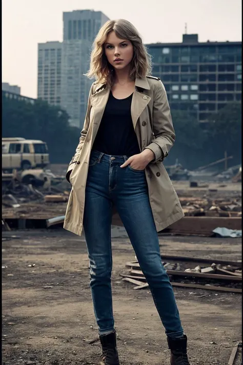 photo of T4yl0rSw1tft_HM-136, a woman, perfect hair, (modern photo), wearing trench coat, t-shirt, jeans, 28mm medium telephoto (analog, cinematic, film grain:1.3), Post-Apocalyptic Wasteland, Desolate landscape with crumbling structures, overgrown flora, and polluted sky., detailed eyes, professional pose, (epiCPhoto), (looking at viewer:1.1), (cinematic shot:1.3), (butterfly style lighting), OverallDetail, SkinHairDetail