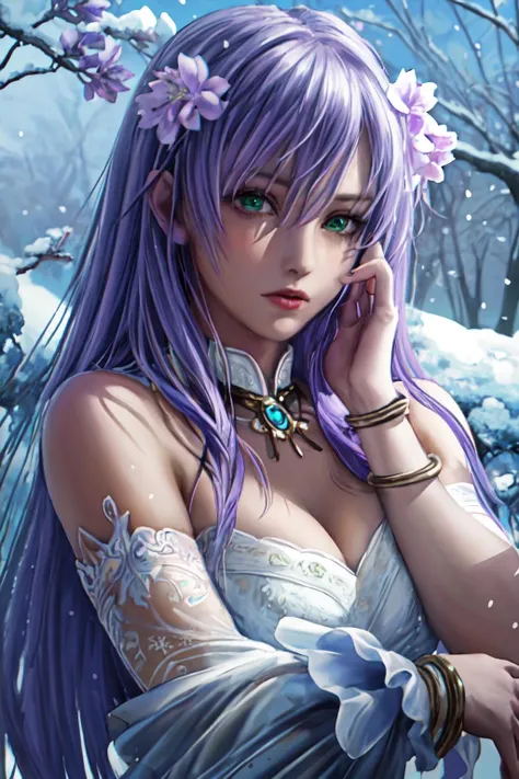 masterpiece, best quality, highly detailed, photorealistic:1.2, hyperrealism, Sasha, solo, green eyes, lilac hair, (detailed face and eyes), dress, white elbow gloves, bracelet, white stockings, cleavage, cinematic scene, candid, leaning against a sakura tree, snow fall, fog, official art, by sakimichan, epic fantasy background, <lora:sasha adult (lost canvas):0.4> <lora:sakimichan-v1.6-lora-naivae-newcraft-block-4ep:0.6> <lora:more_details:0.4>