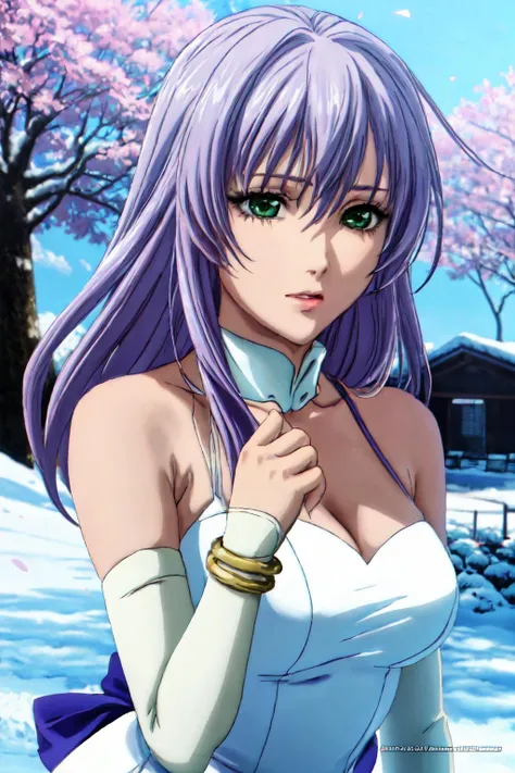 masterpiece, best quality, photorealistic:1.1, hyperrealism, 1girl, Sasha, green eyes, lilac hair, (detailed face and eyes), dress, white elbow gloves, bracelet, white stockings, cleavage, cinematic scene, candid, leaning on sakura tree, snow fall, blurry background, (official art by sakimichan), <lora:sasha adult (lost canvas):0.4> <lora:sakimichan-v1.6-lora-naivae-newcraft-block-4ep:0.6> <lora:more_details:0.4>