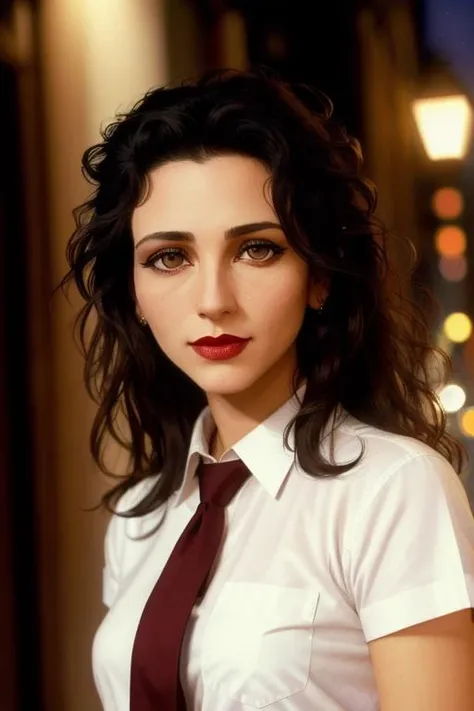 photo of <lora:bebeneu-08:0.7>, bebeneu, a woman, ((closeup, portrait)),beautiful skin, ((white shirt, necktie):1.2),((outdoors, city street, at night):1.2),((detailed face, beautiful face, detailed eyes, beautiful eyes):1.1), ((red lipstick, heavy eyeliner, full makeup, heavy eye shadow):1.2),((best quality, masterpiece, extreme details):1.2) ((detailed eyes, detailed face):1.2),modelshoot style, (extremely detailed CG unity 8k wallpaper), photo of the most beautiful artwork in the world, , professional majestic (photography by Steve McCurry), 8k uhd, dslr, soft lighting, high quality, film grain, Fujifilm XT3 sharp focus, f 5.6, High Detail, Sharp focus, dramatic