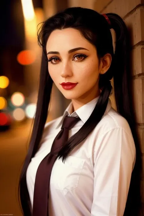 photo of <lora:bebeneu-08:0.7>, bebeneu, a woman with ((twin tails, twintails):1.2), ((closeup, portrait)),beautiful skin, ((white shirt, necktie):1.2),((outdoors, city street, at night):1.2),((detailed face, beautiful face, detailed eyes, beautiful eyes):1.1), ((red lipstick, heavy eyeliner, full makeup, heavy eye shadow):1.2),((best quality, masterpiece, extreme details):1.2) ((detailed eyes, detailed face):1.2),modelshoot style, (extremely detailed CG unity 8k wallpaper), photo of the most beautiful artwork in the world, , professional majestic (photography by Steve McCurry), 8k uhd, dslr, soft lighting, high quality, film grain, Fujifilm XT3 sharp focus, f 5.6, High Detail, Sharp focus, dramatic