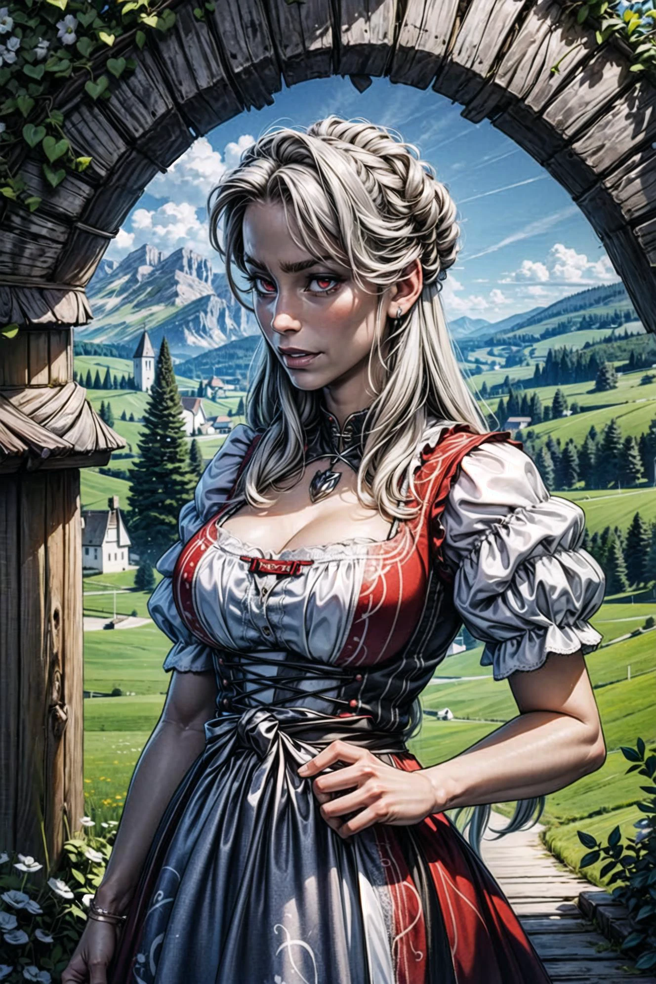 milly alcock, a woman, long silver hair, platin hair, red eyes, lively face, <lora:IncaseAnythingV5:0.75> <lora:detail_slider_v4:0.4> <lora:breastsizeslideroffset:0.2> <lora:hair_length_slider_v1:0.4> <lora:add_detail:1.0> <lora:locon_millyalcock_v1_from_v1_64_32:1> <lora:dirndl:0.8> dirndl, traditional bavarian dress, wearing a dirndl