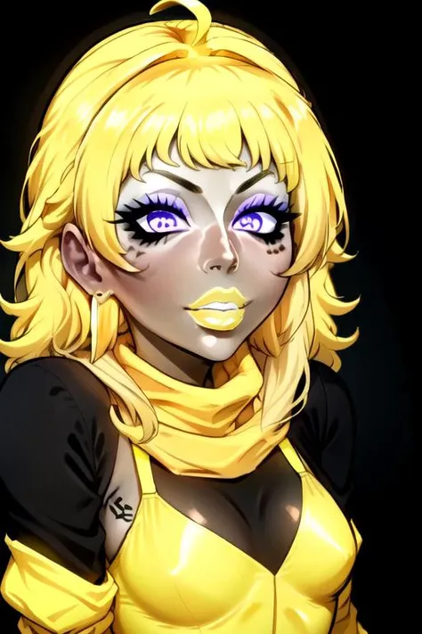 anime, simple, vibrant colors, (high res), HD, 4k, beautiful face, pretty face, cartoon, <lora:anime_screencap_v2:.3> solo focus, solo, zoomed in,(up close face shot, ((close-up face shot:1.3))), facing viewer, (black background:1.2, plain background:1.2, simple background:1.3), (looking at viewer), 1girl, BREAK, smile, expressive, (<lora:rwby_xiaolong:1> yang xiao long, yellow hair, multicolored hair, (ahoge), purple eyes, latex bodycon dress, yellow bra, flame tattoo, small breasts, earrings), <lora:fakelips_1:1> huge lips, lip filler, fakelips, high quality, face in view, detailed face, mature, painted nails, (purple lipstick), mascara,(glowing-neon-purple-eyes, glowing-neon-purple-lipstick, ) <lora:big_hair-1.0:1> big hair, wide grin, bimbo, bimbo lips, <lora:IncaseOldAny:1> <lora:lukethighwalkerneonv8sd15:1> (yamanba:1.5), white facepaint makeup, colored skin, dark-skinned female, very dark skin, <lora:ManbaSD1_5_Baaki:.75> <lora:retromanba:.25> <lora:Kuroko:.25>