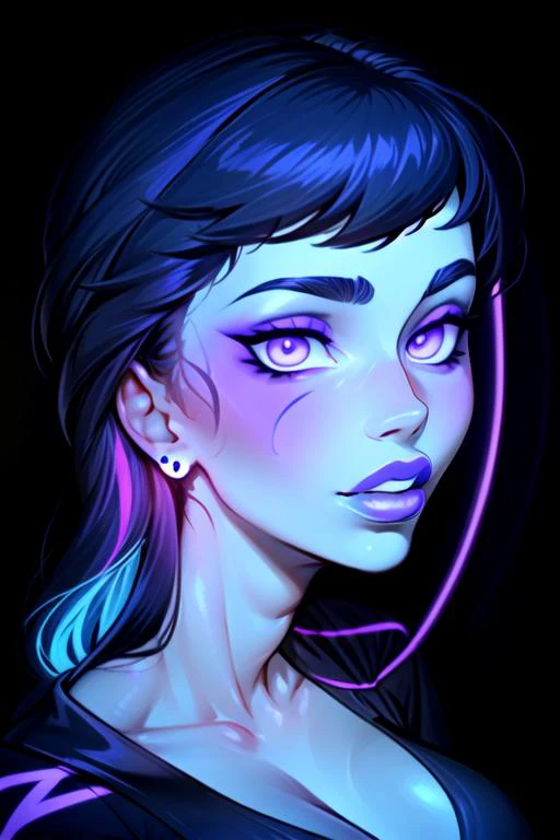 simple, vibrant colors, (high res), HD, 4k, beautiful face, pretty face, solo focus, solo, zoomed in,(up close face shot, ((close-up face shot))), facing viewer, (club background:1.2, plain background:1.2, simple background:1.3), (looking at viewer), 1girl, BREAK, smirk, ( <lora:YangXiaoLong:1> yang xiao long, long yellow hair, multicolored hair, blue hair, ahoge, purple eyes, earrings), <lora:fakelips_1:1> huge lips, lip filler, fakelips, high quality, face in view, detailed face, mature, painted nails, (purple lipstick), mascara,(glowing-neon-purple-eyes, glowing-neon-purple-lipstick, glowing-neon-facepaint,) wide grin, <lora:IncaseOldAny:1> (yamanba:1.5), white facepaint makeup, colored skin, dark-skinned female, very dark skin, glowing-neon-purple-bodycon, medium breasts, <lora:breastsizeslideroffset:-.7> <lora:lukethighwalkerneonv8sd15:1>