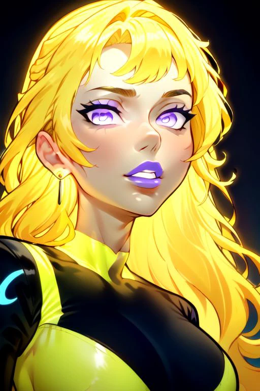 anime, simple, vibrant colors, (high res), HD, 4k, beautiful face, pretty face, cartoon, <lora:anime_screencap_v2:.3> solo focus, solo, zoomed in,(up close face shot, ((close-up face shot:1.3))), facing viewer, (black background:1.2, plain background:1.2, simple background:1.3), (looking at viewer), 1girl, BREAK, smile, expressive, (<lora:YangXiaoLong:1> yang xiao long, yellow hair, multicolored hair, (ahoge), purple eyes, (latex purple bodycon dress), flame tattoo, small breasts, earrings), <lora:fakelips_1:1> huge lips, lip filler, fakelips, high quality, face in view, detailed face, mature, painted nails, (purple lipstick), mascara,(glowing-neon-purple-eyes, glowing-neon-purple-lipstick, ) <lora:big_hair-1.0:1> big hair, wide grin, bimbo, bimbo lips, purple lips, <lora:IncaseOldAny:1> <lora:lukethighwalkerneonv8sd15:1>