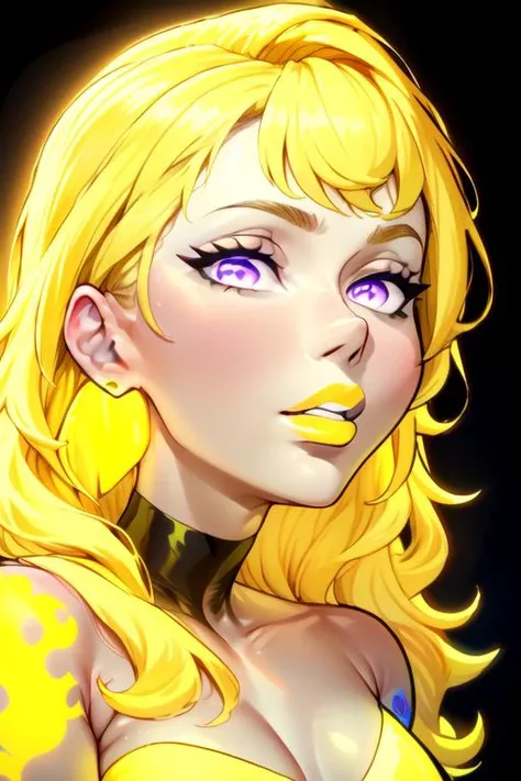 anime, simple, vibrant colors, (high res), HD, 4k, beautiful face, pretty face, cartoon, <lora:anime_screencap_v2:.3> solo focus, solo, zoomed in,(up close face shot, ((close-up face shot:1.3))), facing viewer, (black background:1.2, plain background:1.2, simple background:1.3), (looking at viewer), 1girl, BREAK, smile, expressive, (<lora:rwby_xiaolong:.6> yang xiao long, yellow hair, multicolored hair, (ahoge), purple eyes, latex purple bodycon dress, yellow bra, flame tattoo, small breasts, earrings), <lora:fakelips_1:1> huge lips, lip filler, fakelips, high quality, face in view, detailed face, mature, painted nails, (purple lipstick), mascara,(glowing-neon-purple-eyes, glowing-neon-purple-lipstick, ) <lora:big_hair-1.0:1> big hair, wide grin, bimbo, bimbo lips, purple lips, <lora:IncaseOldAny:1> <lora:lukethighwalkerneonv8sd15:1>