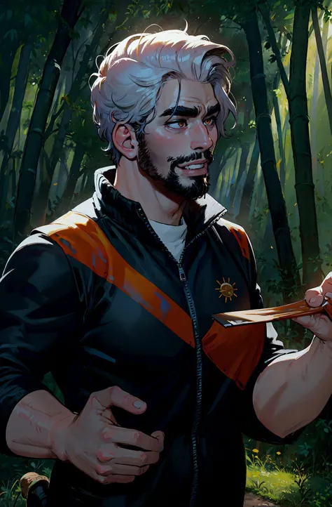 (1boy) , (male focus) ,<lora:gender_slider_v1:-3>,GS-Masculine, young man, Congolese (DRC), (Brown eyes Close Set Eye Shape ), Microbladed eyebrows, (white medium hair hairstyle with goatee facial hair), skinny body shape,wearing yellowQuarter-Zip Sweater with cargo pants,<lora:ClothingAdjuster3:-0.75>, (solo focus),  portrait, ,  , Clapping Hands, (masterpiece:1.4),(best quality),(high resolution:1.4),8k,ultra high res,detailed CG 8k illustrations,official art,flawless,picture-perfect,detailed hair,detailed texture,finely detailed,highest detailed,good composition,depth of field,amazing,perfect sharp focus,colorful,original,light source,rim lighting,sun rays,volumetric lighting,<lora:1blacklight:0.8>,<lora:1epi_noiseoffset2:0.65>,<lora:detail_slider_v4:1>,<lora:1lightAndShadow_v10:0.25>,, background A serene bamboo forest with dappled sunlight at Witching hour,<lora:IncaseNewAny:0.8>