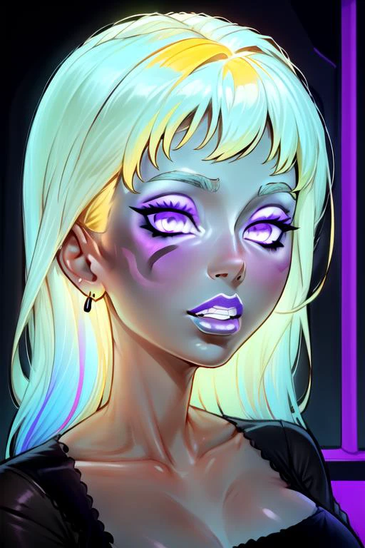 simple, vibrant colors, (high res), HD, 4k, beautiful face, pretty face, solo focus, solo, zoomed in,(up close face shot, ((close-up face shot))), facing viewer, (club background:1.2, plain background:1.2, simple background:1.3), (looking at viewer), 1girl, BREAK, smirk, ( <lora:YangXiaoLong:1> yang xiao long, long yellow hair, multicolored hair, blue hair, ahoge, purple eyes, earrings), <lora:fakelips_1:1> huge lips, lip filler, fakelips, high quality, face in view, detailed face, mature, painted nails, (purple lipstick), mascara,(glowing-neon-purple-eyes, glowing-neon-purple-lipstick, glowing-neon-facepaint,) wide grin, <lora:IncaseOldAny:1> (yamanba:1.5), white facepaint makeup, colored skin, dark-skinned female, very dark skin, <lora:retromanba:.6> <lora:Kuroko:.25> glowing-neon-purple-bodycon, medium breasts, <lora:breastsizeslideroffset:-.7> <lora:lukethighwalkerneonv8sd15:1>
