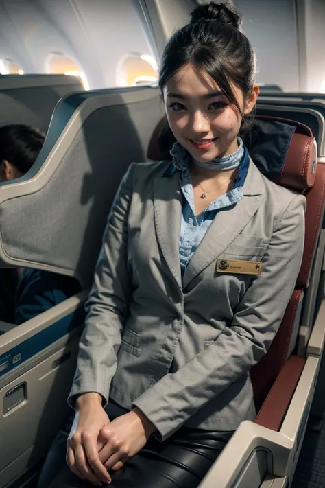 (realistic:1.3), finely detailed, quality, rembrandt lighting, (masterpiece:1.2), (photorealistic:1.2), (best quality), (detailed skin:1.3), (intricate details), dramatic, ray tracing, 1girl, japanese girl, 21 years old, detailed skin texture, (blush:0.5), (goosebumps:0.5), subsurface scattering, smiling, medium breasts, updo hair, bangs, hair between eyes, anauniform, grey uniform, neck scarf, (brightly lit, airplane cabin),   <lora:anauniform_lora:0.7>