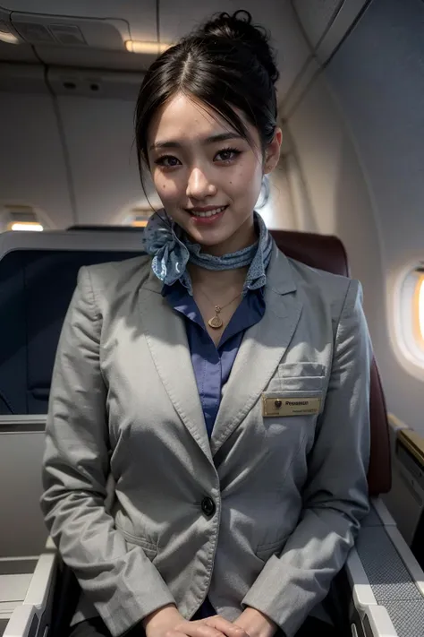 (realistic:1.3), finely detailed, quality, rembrandt lighting, (masterpiece:1.2), (photorealistic:1.2), (best quality), (detailed skin:1.3), (intricate details), dramatic, ray tracing, 1girl, japanese girl, 21 years old, detailed skin texture, (blush:0.5), (goosebumps:0.5), subsurface scattering, smiling, medium breasts, updo hair, bangs, hair between eyes, anauniform, grey uniform, blue shirt, (blue neck scarf:1.2), (brightly lit, airplane cabin),   <lora:anauniform_lora:0.7>
