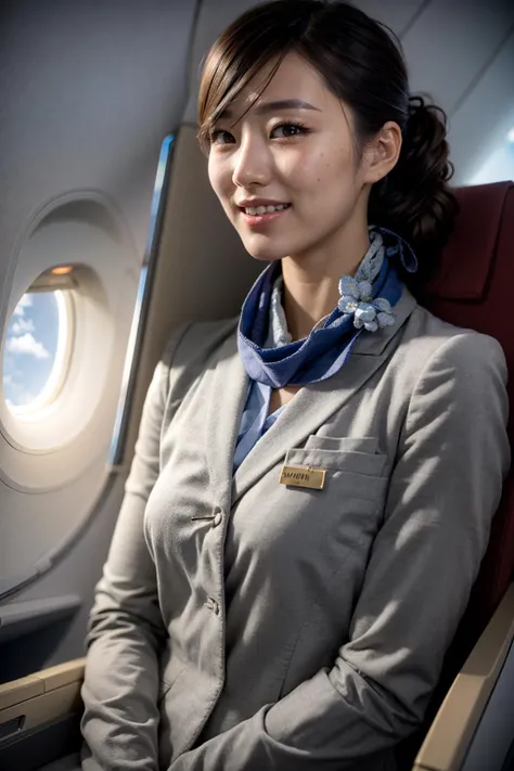 (realistic:1.3), finely detailed, quality, rembrandt lighting, (masterpiece:1.2), (photorealistic:1.2), (best quality), (detailed skin:1.3), (intricate details), dramatic, ray tracing, 1girl, japanese girl, 21 years old, detailed skin texture, (blush:0.5), (goosebumps:0.5), subsurface scattering, smiling, medium breasts, updo hair, bangs, hair between eyes, anauniform, grey uniform, blue neck scarf, (brightly lit, airplane cabin), <lora:anauniform_lora:0.7>