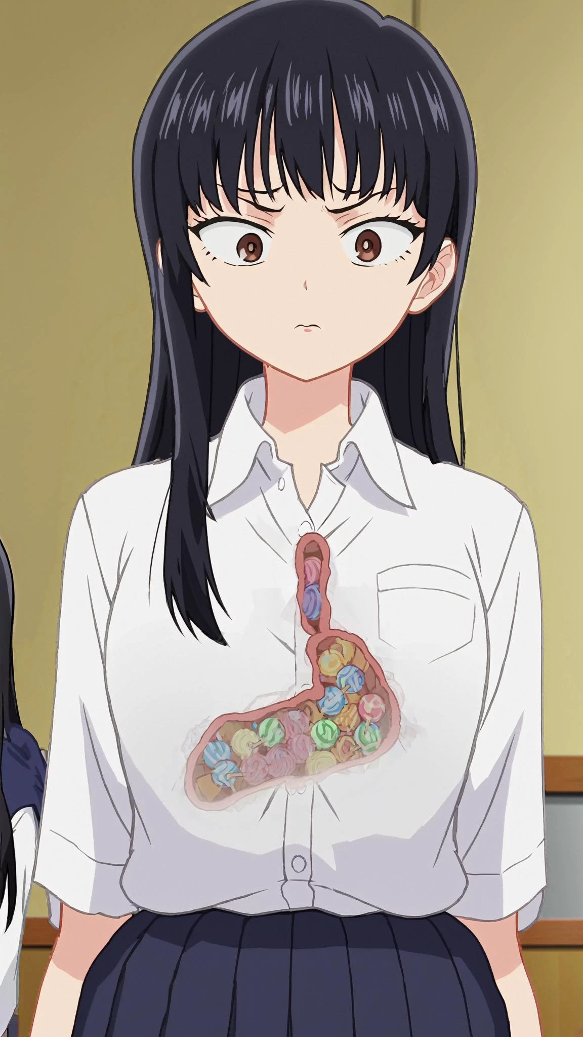 <lora:anna-yamada-s2-ponyxl-lora-nochekaiser:0.45>
anime screencap,
anna yamada, long hair, bangs, black hair, brown eyes, skirt, shirt, school uniform, white shirt, pleated skirt, collared shirt,
school uniform,
<lora:HerrscherAGGA2024_See-trough_Body_CONCEPT_V1:0.9> translucent_body, transparent_body, see-through_body,
stomach,
1girl,solo,
lie, sweatdrop,
facing viewer, avoid eye contact,internal,flesh wall,
(candy,sweets),lollipop, lozenge,