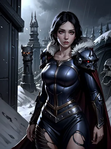 solo, 1girl, cowboy shot of wowdk, glowing red eyes, black skull armor, fur trim, pauldrons, torn red cape, short black hair, red fire magic, blood rain, night, citadel, athletic, volumetric lighting, best quality, masterpiece, realistic, <lora:sxzDeathKnights_sxzWowDK:0.8>, SNOWPRINCESSW, DRESS, PUFFY SLEEVES, SKIRT,
<lora:snowWhitePrincessBy_v10:0.3> (masterpiece:1.2) (best quality) (detailed) (intricate) (8k) (HDR) (wallpaper) (cinematic lighting) (sharp focus)