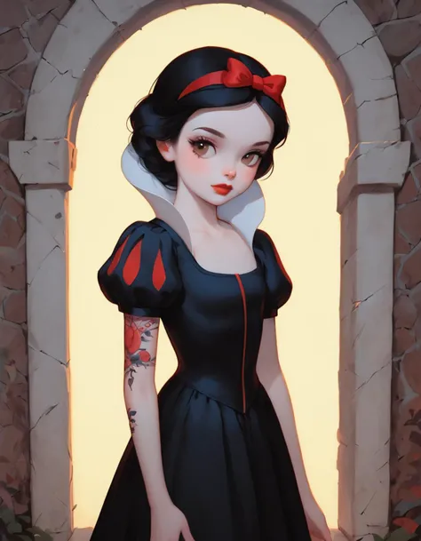 score_9, score_8_up, score_7_up, p3tr4, 1girl, solo, standing on broken concrete, young Goth girl Snow White, SnowWhiteXLP, young Goth, pale skin, white skin, brown eyes, red lips, black hair, tattoos, black dress, black leather corset, petite body, in front of a graffitied wall, outdoors, dynamic, masterpiece, best quality, transparent, soft lighting, dynamic lighting, (front light:1.5), zPDXL