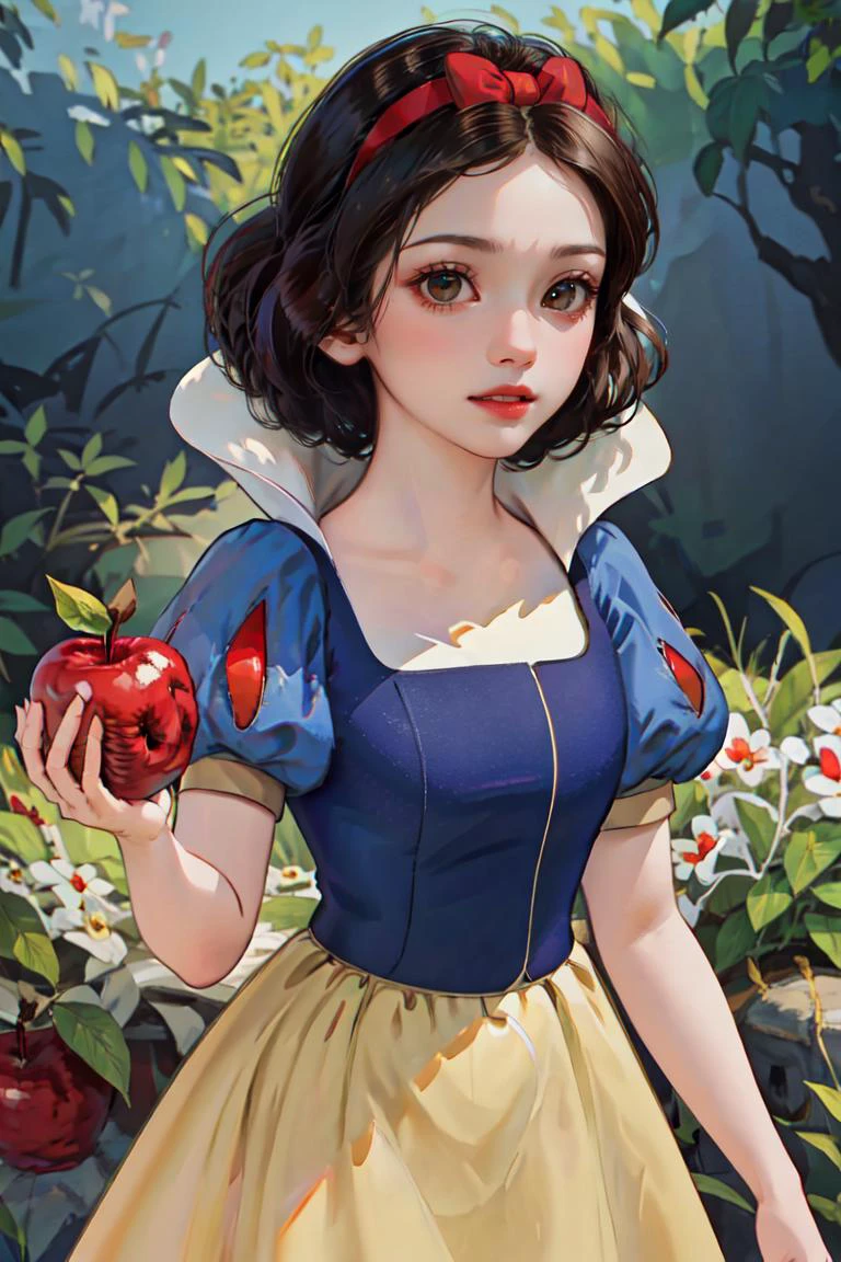 (masterpiece,photorealistic:1.37),(detailed texture:1.1),(illustration:1.1),(cowboy shot:1.4),SnowPrincessw,(red lips,white skin),eyelashes,gradient eyes,(medium breasts:1.2),(:1.3),outdoors,black hair,snow white, (dress, puffy sleeves:1.3),(red hairband with bow:1.4),(brown eyes:1.4),(nature:1.1),expressionless,looking at viewer,(butterfly:1.2),apple,(holding apple:1.4),(ornamental frame,:1.2),BREAK,<high resolution illustration, extremely delicate and beautiful,finely detailed eyes and detailed face,ultra detailed, perfect details,detailed background,highres,RAW,film grain,(sharp focus:1.2), best quality,((rim light,warm light,cinematic light,dappled sunlight)),perfect eyes,detailed CG>,
,<lora:snowWhitePrincessBy_v10:0.7> , <lora:snowWhite_v10:0.6>