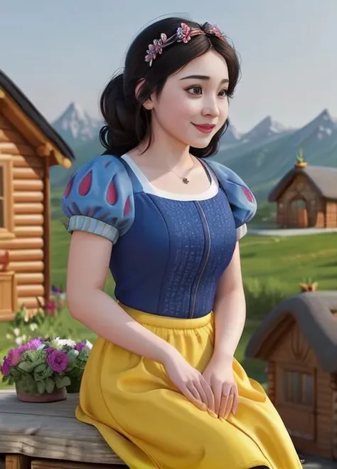 (SnowPrincessw:1), smile, :D, sitting on a stool near a (cottage:1.4), (dress, puffy short sleeves, skirt:1.2),magic, ((cute)), (realistic:1.2), (realism), (masterpiece:1.2), (best quality), (ultra detailed), (8k, 4k, intricate),(full-body-shot:1.3),(side view), (85mm),light particles, lighting, (highly detailed:1.2),(detailed face:1.2), (gradients), sfw, colorful, (detailed eyes:1), (detailed landscape, clearing, flowers:1.2), (detailed background),detailed landscape, (dynamic angle:1.2), (dynamic pose:1.2), (rule of third_composition:1.3), (Line of action:1.2), wide shot, daylight, solo, 1girl,<lora:SnowWhite_character:0.7>, on the right of the picture