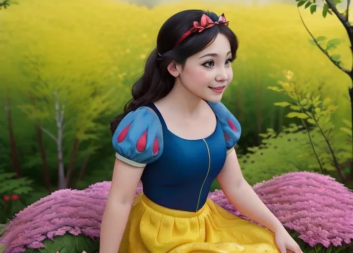 (SnowPrincessw:1), smile, :D, sitting on a rock, (dress, puffy short sleeves, skirt:1.2),magic, ((cute)), (realistic:1.2), (realism), (masterpiece:1.2), (best quality), (ultra detailed), (8k, 4k, intricate),(full-body-shot:1.3),(side view), (85mm),light particles, lighting, (highly detailed:1.2),(detailed face:1.2), (gradients), sfw, colorful, (detailed eyes:1), (detailed landscape, clearing, forest, flowers:1.2), (detailed background),detailed landscape, (dynamic angle:1.2), (dynamic pose:1.2), (rule of third_composition:1.3), (Line of action:1.2), wide shot, daylight, solo, 1girl,<lora:SnowWhite_character:0.7>, on the right of the picture
