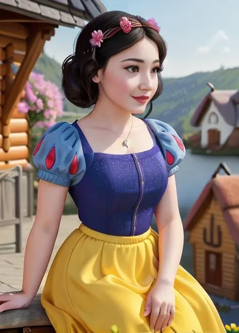 (SnowPrincessw:1), smile, :D, sitting on a stool near a (cottage:1.4), (dress, puffy short sleeves, skirt:1.2),magic, ((cute)), (realistic:1.2), (realism), (masterpiece:1.2), (best quality), (ultra detailed), (8k, 4k, intricate),(full-body-shot:1.3),(side view), (85mm),light particles, lighting, (highly detailed:1.2),(detailed face:1.2), (gradients), sfw, colorful, (detailed eyes:1), (clearing, flowers:1.2), (detailed background),(dynamic angle:1.2), (dynamic pose:1.2), (rule of third_composition:1.3), (Line of action:1.2), wide shot, daylight, solo, 1girl,<lora:SnowWhite_character:0.7>