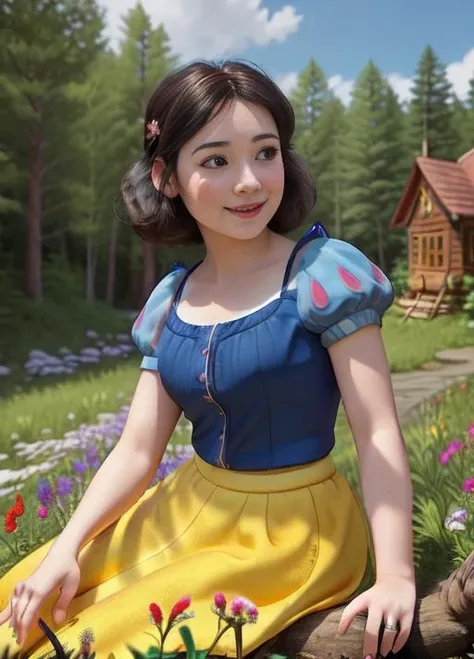 (SnowPrincessw:1), smile, :D, sitting on a stool, (dress, puffy short sleeves, skirt:1.2),magic, ((cute)), (realistic:1.2), (realism), (masterpiece:1.2), (best quality), (ultra detailed), (8k, 4k, intricate),(full-body-shot:1.3),(side view), (85mm),light particles, lighting, (highly detailed:1.2),(detailed face:1.2), (gradients), sfw, colorful, (detailed eyes:1), (detailed landscape, cottage, forest, flowers:1.2), (detailed background),detailed landscape, (dynamic angle:1.2), (dynamic pose:1.2), (rule of third_composition:1.3), (Line of action:1.2), wide shot, daylight, solo, 1girl,<lora:SnowWhite_character:0.7>, on the right of the picture