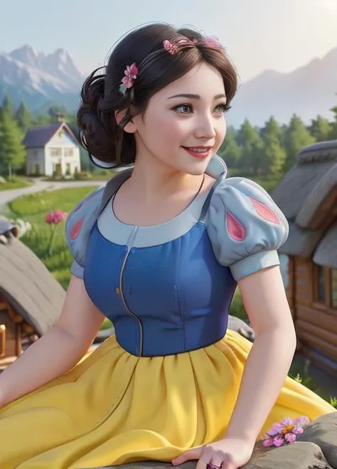 (SnowPrincessw:1), smile, :D, sitting on a stool near a (cottage:1.4), (dress, puffy short sleeves, skirt:1.2),magic, ((cute)), (realistic:1.2), (realism), (masterpiece:1.2), (best quality), (ultra detailed), (8k, 4k, intricate),(full-body-shot:1.3),(side view), (85mm),light particles, lighting, (highly detailed:1.2),(detailed face:1.2), (gradients), sfw, colorful, (detailed eyes:1), (detailed landscape, clearing, flowers:1.2), (detailed background),detailed landscape, (dynamic angle:1.2), (dynamic pose:1.2), (rule of third_composition:1.3), (Line of action:1.2), wide shot, daylight, solo, 1girl,<lora:SnowWhite_character:0.7>, on the right of the picture
