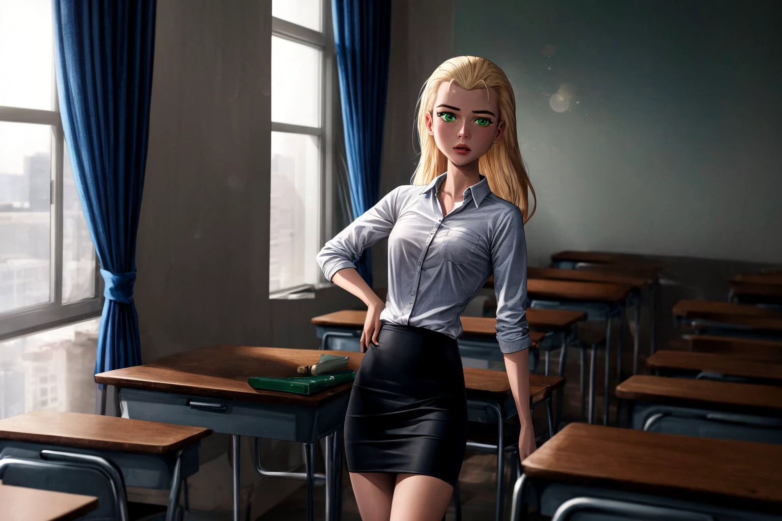 (cowboy shot, bokeh effect, masterpiece, high quality, 64k, vivid colors, 3d ray traicing, uhd, extremely detailed, extremely intricate, professional, beautiful lightning, professional photo, )
BREAK
<lora:Eunice1.0:1.0> Eunice,long hair, blonde hair, green eyes, school uniform, blue top, pencil skirt, sitting on table, looking down, window in the background, sun, side view
<lora:add_detail:0.75>
BREAK
indoors, sunlight, classroom