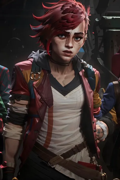 <lora:arcane_style:1>, ((vi)), arcan3l0l, red jacket ,