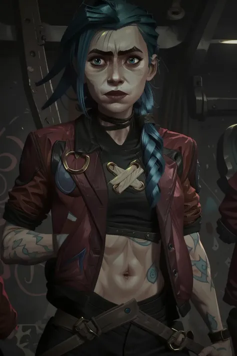 Jinx, (red jacket) <lora:arcane_style:1>, arcan3l0l, blue long hair,