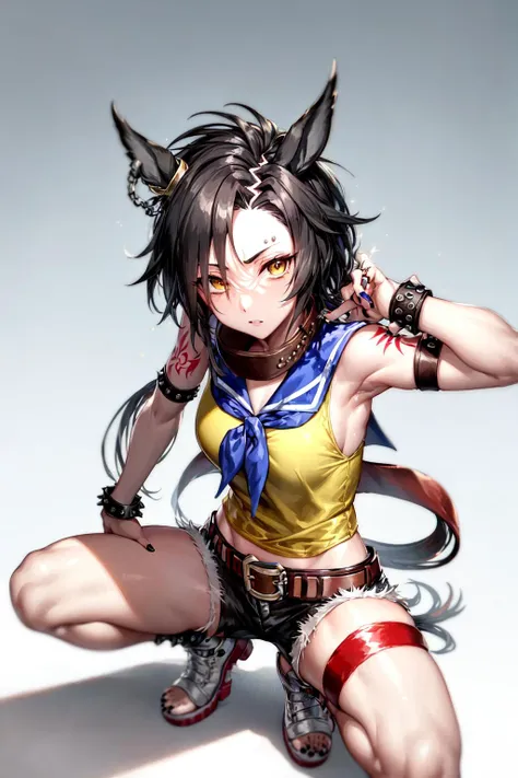 masterpiece, best quality,
air shakur \(umamusume\),
squatting, from above,
hair ornament, arm tattoo, arm belt, ring, blue sailor collar, blue neckerchief, yellow shirt, sleeveless shirt, bare shoulders, spiked bracelet, studded bracelet, midriff, belt, nail polish, white shorts, short shorts, cutoffs, thigh strap, white footwear,
<lora:air_shakur_loha-000007:0.7>