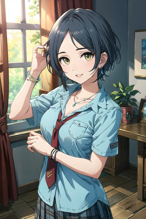 (high resolution:1.2), absurdres, (highest quality:1.2), best quality, BREAK
(detailed face,1.2), perfect face, (detailed eyes:1.2), luminous eyes, BREAK
(smooth skin:1.2), shiny skin, BREAK
1girl, solo, BREAK
<lora:KanadeHayami:0.7>, hayami kanade, cinderella girls, BREAK
looking at viewer, slender, BREAK
short hair, blue hair, parted bangs, yellow eyes, BREAK
earrings, necklace, bracelet, BREAK
large breasts, round breasts, collarbone, cleavage, BREAK
school uniform, (light blue shirt:1.2), short sleeves, red necktie, BREAK
miniskirt, pleated skirt, plaid skirt, grey skirt, BREAK
hand in own hair, BREAK
in room, BREAK
light smile, parted lips