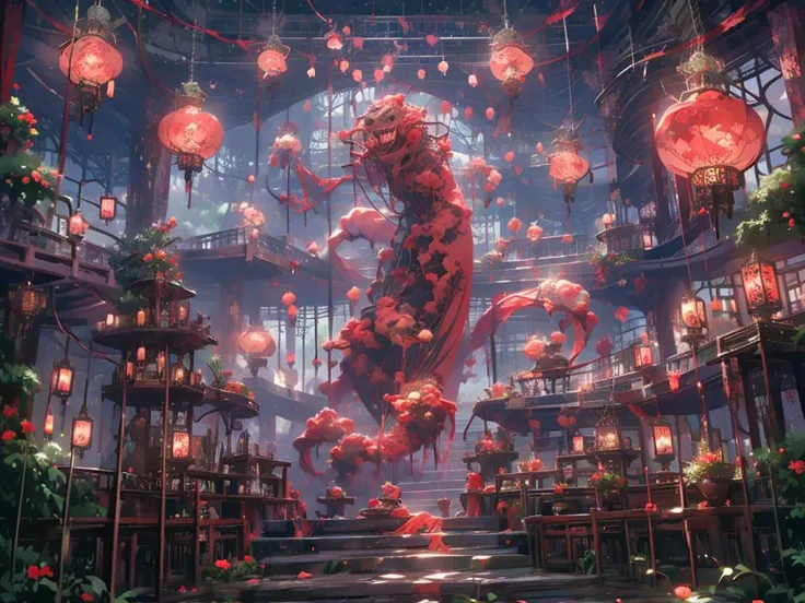 (1girl:1.5),(blush:1.2),full body,indoors,lantern,architecture,plant,railing,<lora:hongsejiayi:0.8>,red theme,<lora:zhongfenghuaxiyou-000018:0.4>,(<lora:monster:0.7> monster),