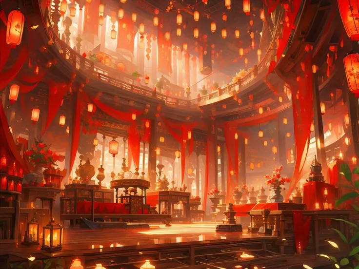 scenery,indoors,lantern,architecture,plant,railing,<lora:hongsejiayi:0.8>,, (masterpiece, best quality, high quality, highres, ultra-detailed),