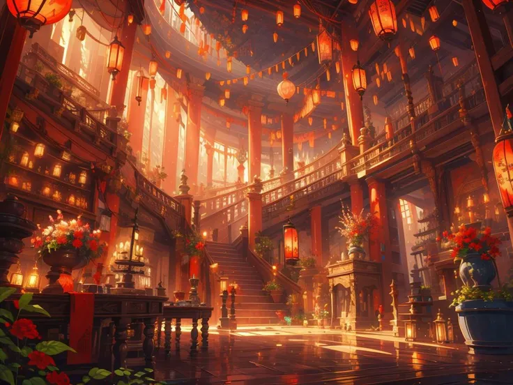 scenery,indoors,lantern,architecture,plant,railing,<lora:hongsejiayi:0.5>,, (masterpiece, best quality, high quality, highres, ultra-detailed),