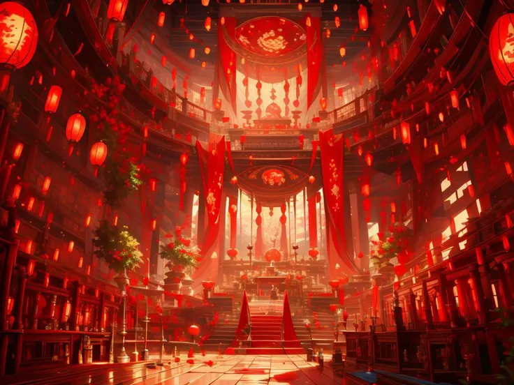 scenery,indoors,lantern,architecture,plant,railing,<lora:hongsejiayi:0.8>,, (masterpiece, best quality, high quality, highres, ultra-detailed),