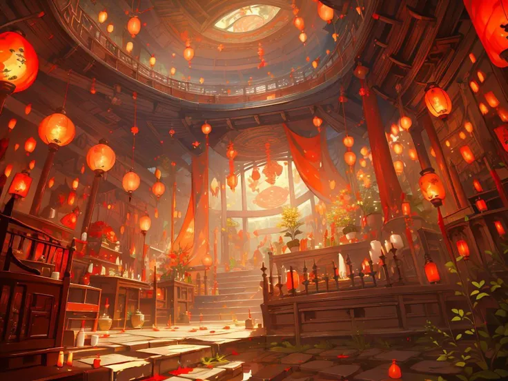 scenery,indoors,lantern,architecture,plant,railing,<lora:hongsejiayi:0.7>,, (masterpiece, best quality, high quality, highres, ultra-detailed),