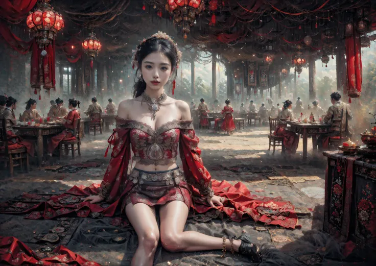 (photorealistic:1.4), ultra detailed, beautiful and aesthetic, masterpiece, best quality,lifelike rendering,
posture model, Unreal,(portrait of a full body:1), flamboyance, 1girl, see-through , upskirt,minghun, <lora:minghun-000020:0.3>, 
(stochastic angle, stochastic pose,stochastic action),tyndall effect, perfect lighting,detailed lighting,dramatic shadows, glowing, long hair, Around,hanfu, 
perfect ratio,hime cut,luxury, jewelry,ornate,  bracelet, hairpin,embroidery, (see-through A black off-the-shoulder top and red skirt:1), 
<lora:DiamonAI-000009:0.3> <lora:tangbohu-detailmaker_v2.5:0.7> <lora:tangbohu_saturation_v1.0:1> <lora:hanfuChineseWeddingDressWomen_v15:0.5> <lora:hongsejiayi:0.5> <lora:zwd_v2:0.5>